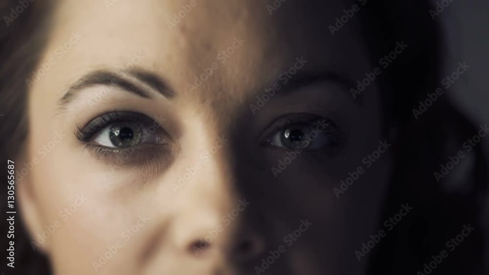 woman zoom in opening eyes woman zoom in opening eyes