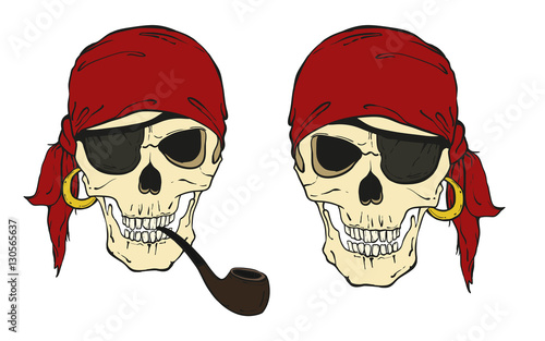 Two pirate skulls with hat, smoking pipe and eye patch