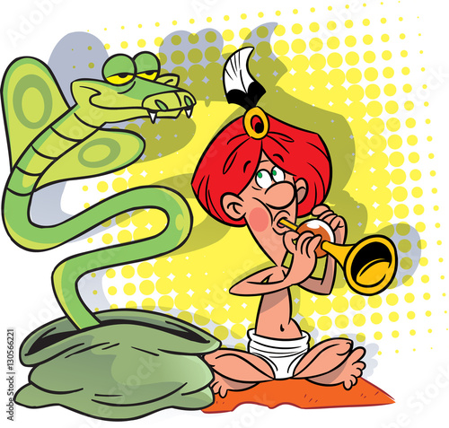 
The illustration shows the cartoon hindu who plays a musical instrument in front of the snake