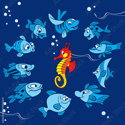  Pattern with cartoon fish and bright red seahorse. Illustration made on blue background on separate layers.