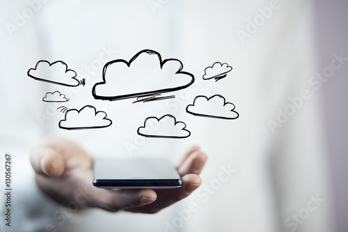 Concept view of cloud stockage with icon around a smartphone