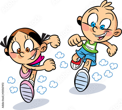 The illustration shows a boy and girl who run forward, isolated on white background