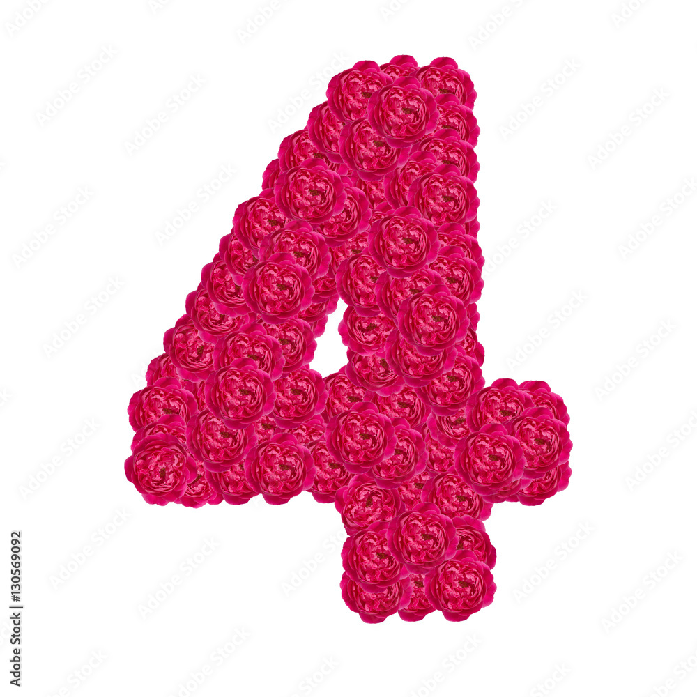 Number 4 made from damask rose isolated on white background