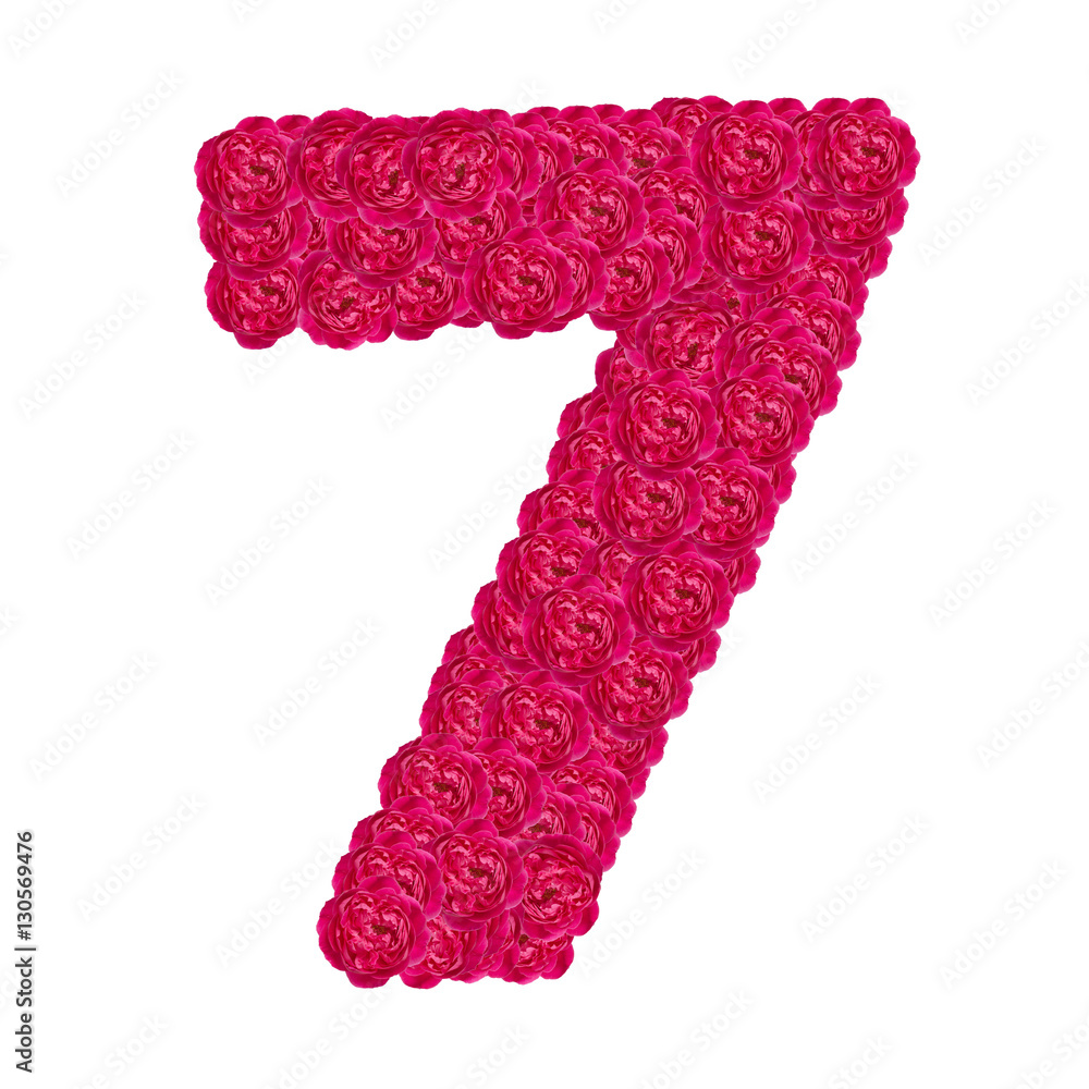 Number 7 made from damask rose isolated on white background