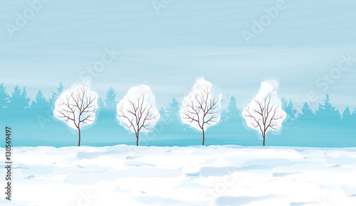 Watercolor Winter Landscape Vector Illustration.