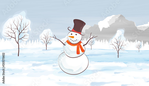 Watercolor Winter Landscape Vector Illustration with Snowman. Chrsitmas Design

