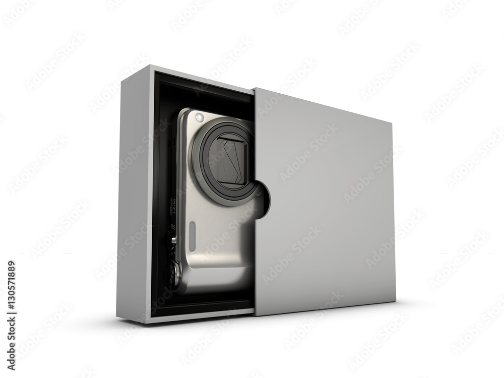 3d Illustration of Digital photo camera in the box. isolated on white background 3d Illustration of Digital photo camera in the box. isolated on white background