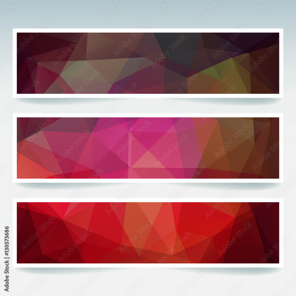 Set of banner templates with abstract background. Modern vector banners with polygonal background. Pink, red, brown colors.