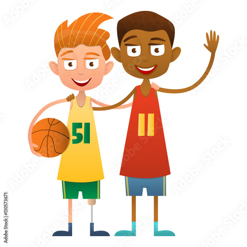 Disabled boy basketball player with a friend. Two cute boys basketball.
