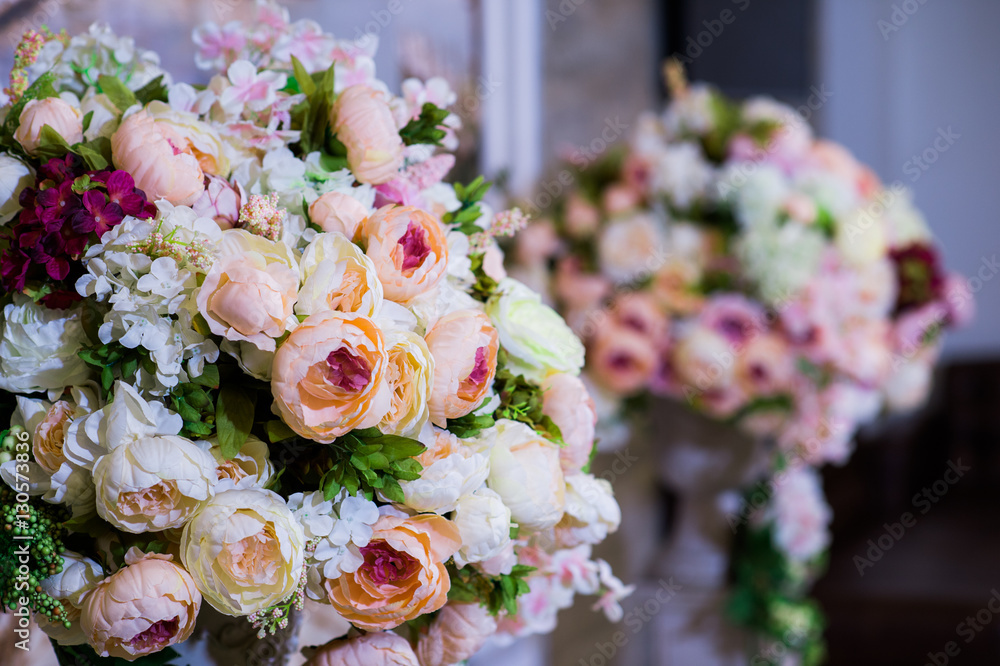 Beautiful flower decorations at restaurant on wedding Beautiful flower decorations at restaurant on wedding