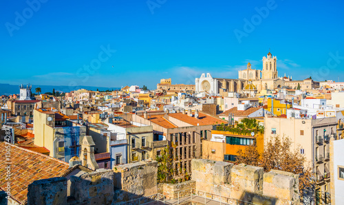 Aerial view of tarragona taken from the circo romano with the cathedral of saint mary on background