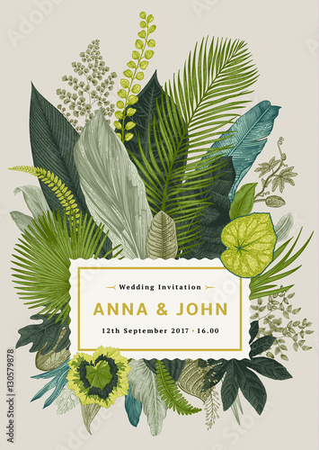 Vector vintage card. Wedding invitation. Botanical illustration. Tropical leaves.