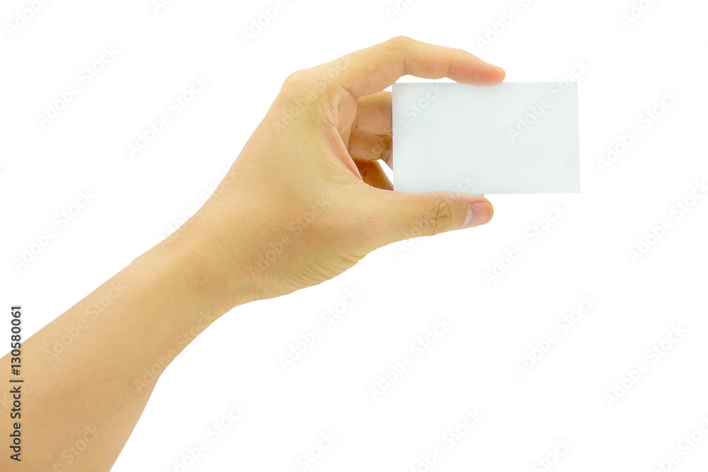 Women hand holding blank paper business card isolated on white background Women hand holding blank paper business card isolated on white background