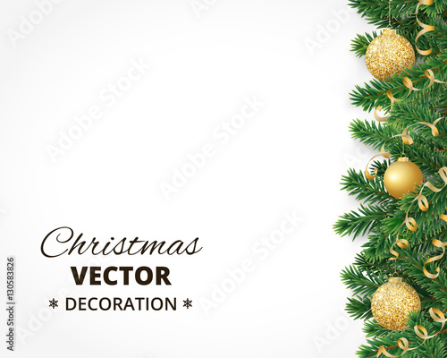 Christmas background with fir tree garland, hanging balls and ri