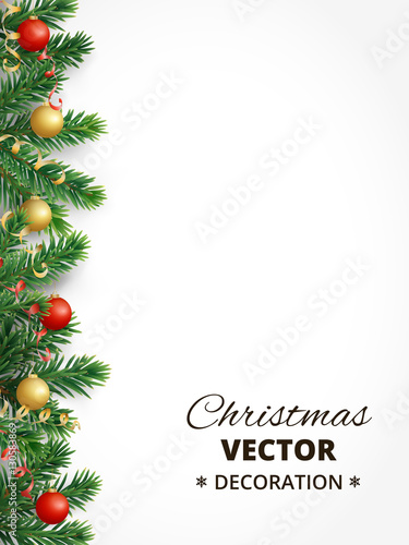 Christmas background with fir tree garland, hanging balls and ri