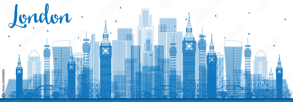 Outline London Skyline with Blue Buildings.