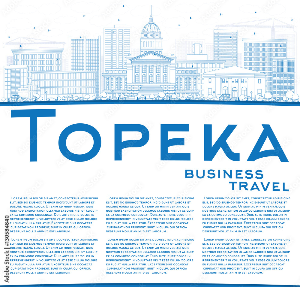 Outline Topeka Skyline with Blue Buildings and Copy Space.