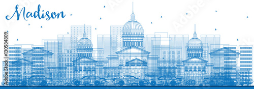 Outline Madison Skyline with Blue Buildings.