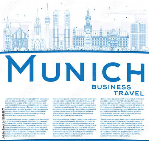 Outline Munich Skyline with Blue Buildings and Copy Space.