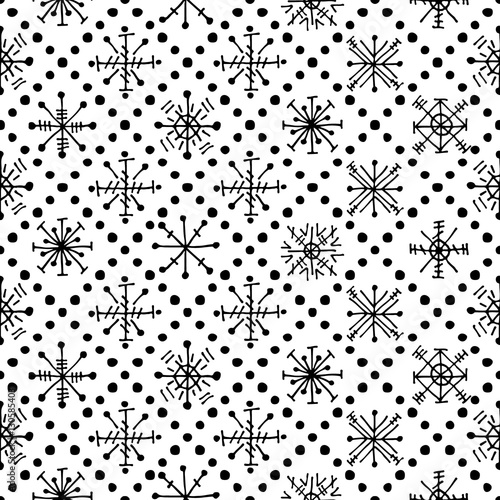 Seamless vector pattern with snowflakes. Black  white symmetrical seasonal winter background with cute hand drawn decorative elements. Graphic illustration. Series of winter seamless vector patterns.