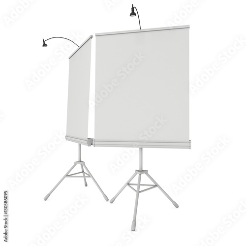 Blank Roll Up Expo Banner Stand on Tripod. Trade show booth white and blank. 3d render illustration isolated on white background. Template mockup for your expo design.