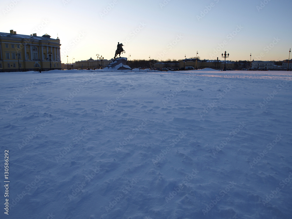 Cityscape of Saint-Petersburg, Russia view to monument of Peter first on horse on winter day at sunset