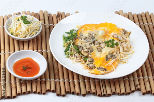 Obraz na plátně Oyster omelet with herb call Hoi Tod Khai in Thai .
