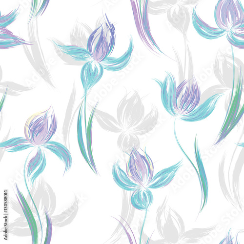 Seamless pattern with floral ornament, irises in a grunge style on white background.