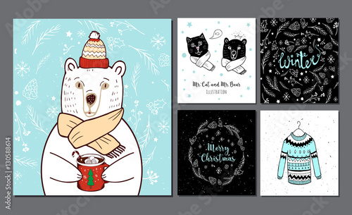 Polar Bear in red hat and winter backgrounds.