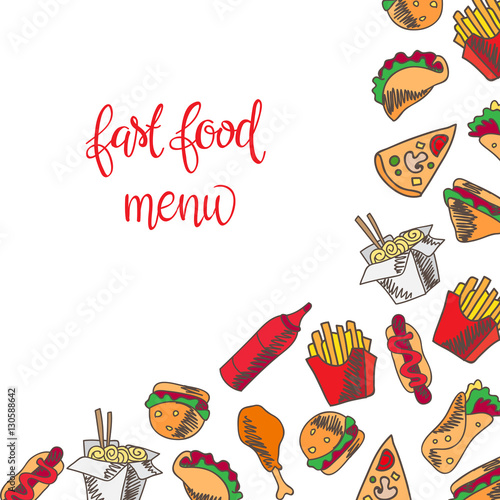Fast food menu. Set of icons on the vector background.