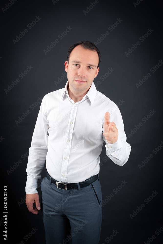 Handsome Man doing different expressions in different sets of clothes: gun sign Handsome Man doing different expressions in different sets of clothes: gun sign