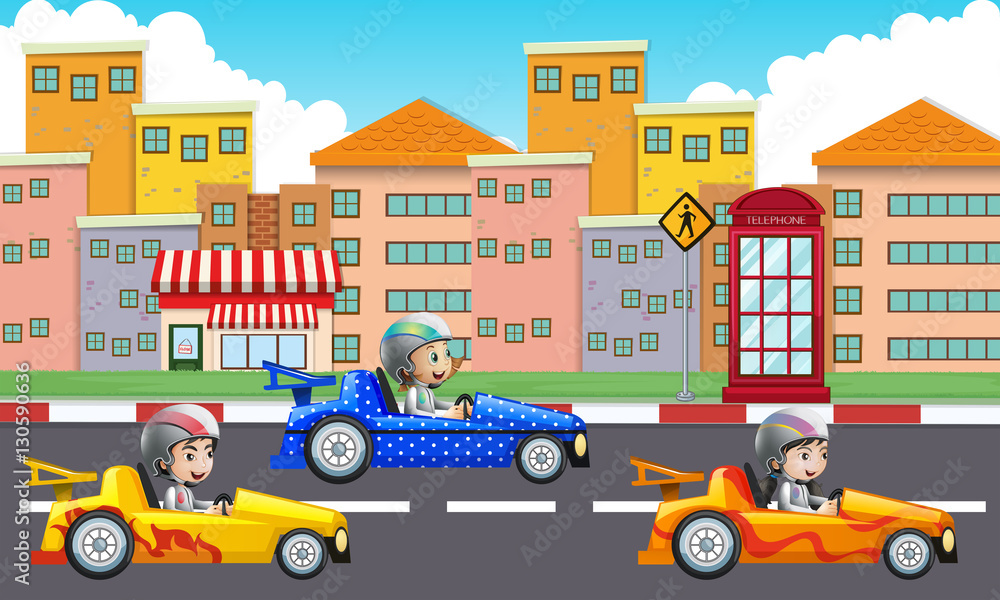 Obraz premium Three children driving racing cars on road