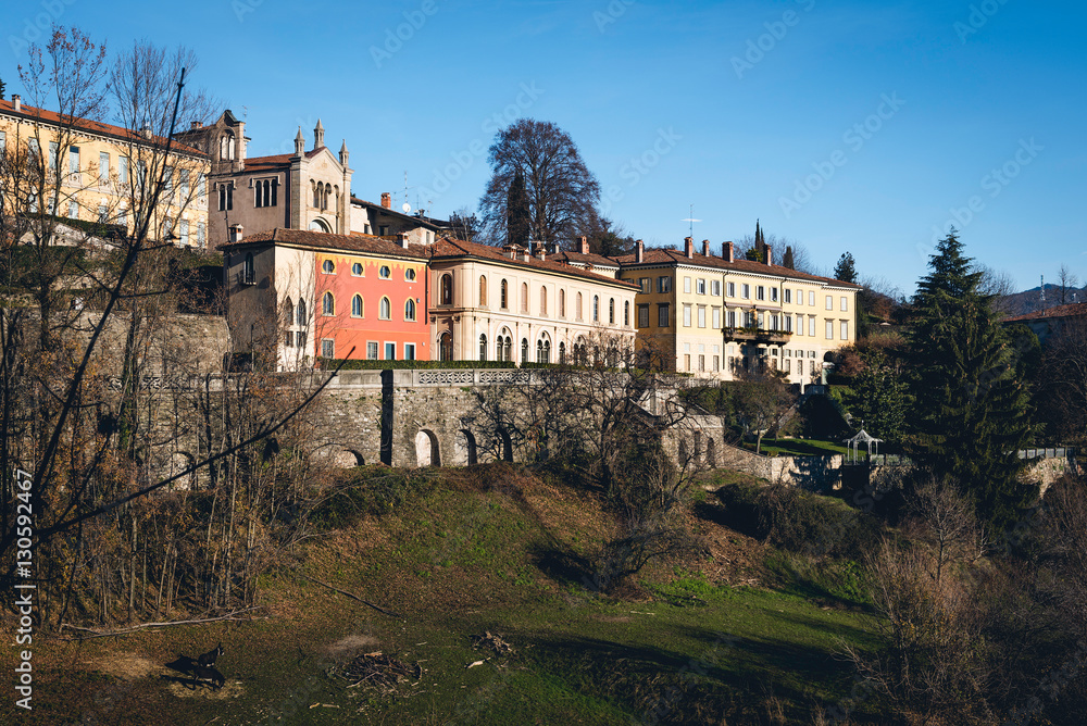 View at Old Town Citta Alta of Bergamo from San Vigilio Hill. Bergamo, Italy