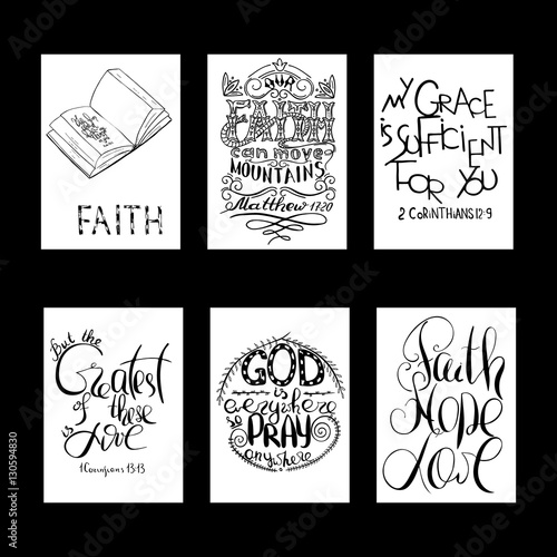 A set of quotations from the Bible. Books and Bible lettering. Brush calligraphy. .Hand drawing illustration. Words about God. Vector design.