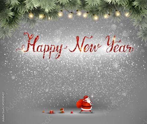 Happy New Year hand drawn red inscription and Santa Claus with bag and gifts on the gray background.