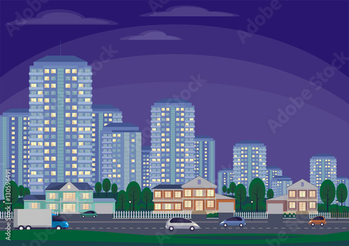 The cottage settlement on the suburb of the big city. Vector background