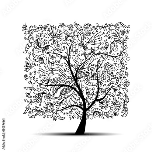 Floral tree, black silhouette for your design