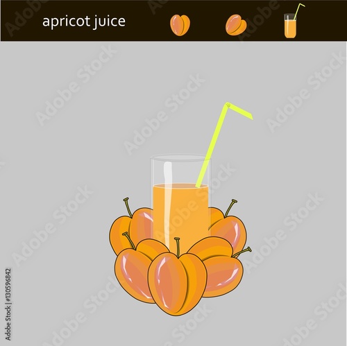 Glass of juice with green straw and orange painting hand drawn apricots on grey background, stock vector illustration