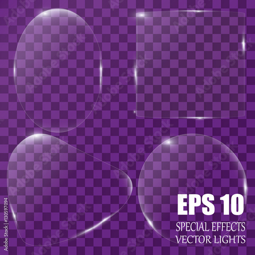 Glass plates set. Vector acrylic banners on transparent background.