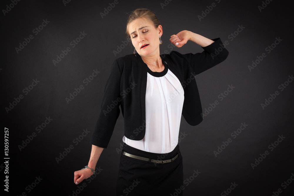 Beautiful woman doing different expressions in different sets of clothes: wake up Beautiful woman doing different expressions in different sets of clothes: wake up