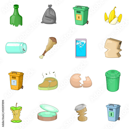 Garbage items icons set. Cartoon illustration of 16 garbage items vector icons for web