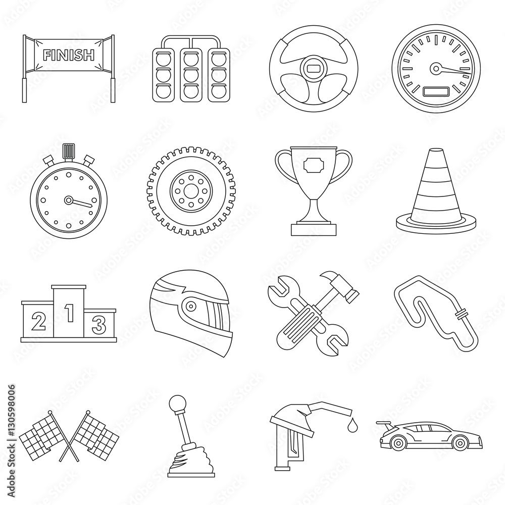 Racing speed icons set. Outline illustration of 16 racing speed vector icons for web