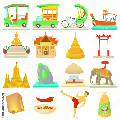 Thailand travel icons set. Cartoon illustration of 16 Thailand travel vector icons for web