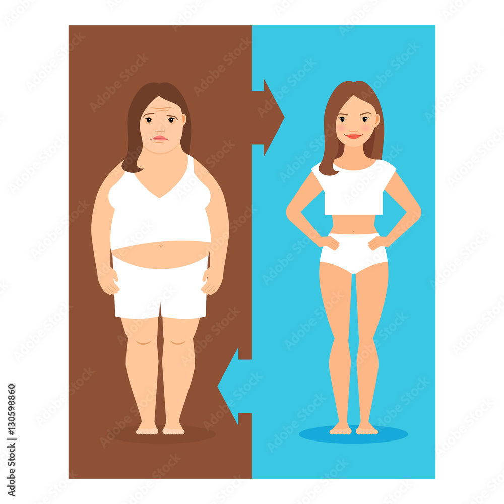Weight loss concept. Slim and overweight girls vector illustration Weight loss concept. Slim and overweight girls vector illustration