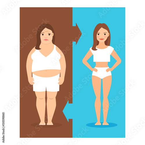 Weight loss concept. Slim and overweight girls vector illustration