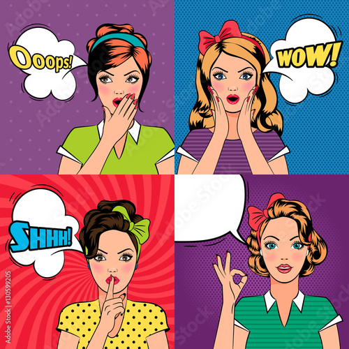 Set of beautiful young women in pop art style with speech bubbles. Vector illustration