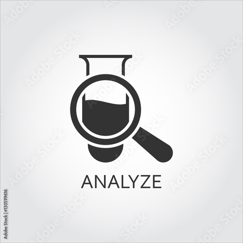 Vector black flat icon analyze, diagnosis as tube and magnifier.
