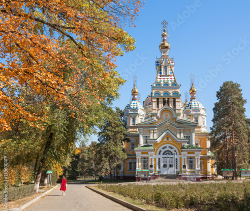 Ascension Cathedral, Russian Orthodox cathedral in autumn. Almaty, Kazakhstan.
