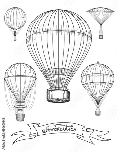 Aeronautica poster design vector illustration. Graphic poster with hot air balloons and ribbon Aeronautica