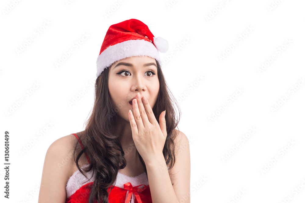 Surprised Beauty Asian Model Girl in Santa Hat isolated on White Surprised Beauty Asian Model Girl in Santa Hat isolated on White